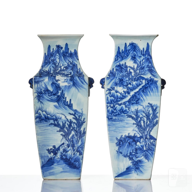 A pair of blue and white 'landscape' vases, - 图4